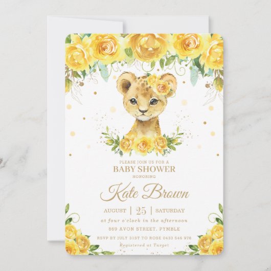スイートライオンイエローフローラ金ゴールドガールベビーシャワー 招待状 (正面)