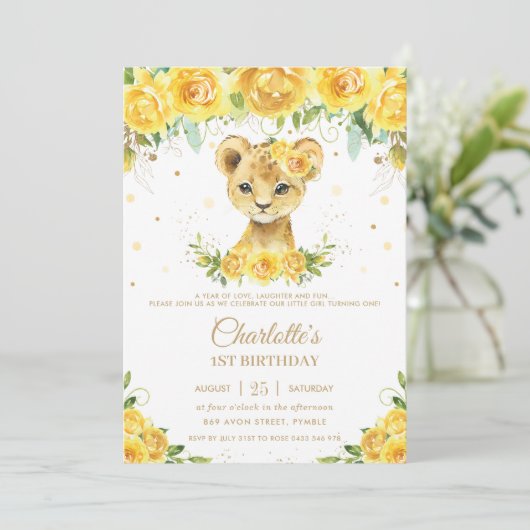 スイートライオンキューブイエローフローラ金ゴールド1st誕生日 招待状 (スタンド正面)