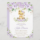 スイートライオンキューブパープルフローラガールベビーシャワー 招待状 (正面/裏面)