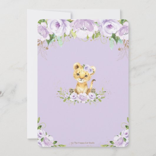 スイートライオンキューブパープルフローラガールベビーシャワー 招待状 (裏面)