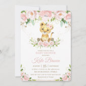 スイートライオンキューブ赤面ピンクフローラガールベビーシャワー 招待状 (正面)