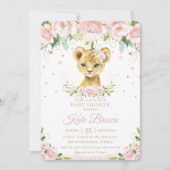 スイートライオン赤面ピンクフローラ金ゴールドガールベビーシャワー 招待状 (正面)