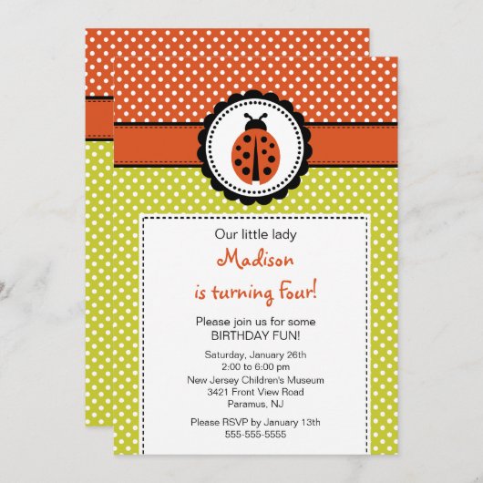 スイートラディバグス誕生日招待状水玉模様 招待状 (正面/裏面)