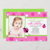 スイートラディブピンクグリーンフォト誕生日招待状 招待状 (正面/裏面)