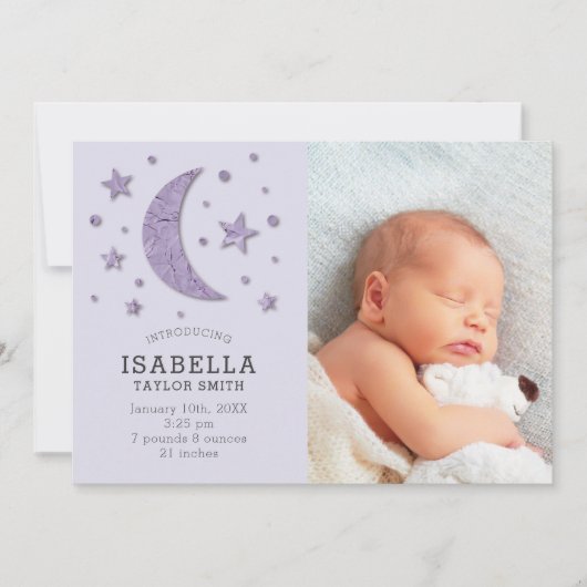 スイートラベンダームーンスターズベビーフォト誕生 案内状 (正面)