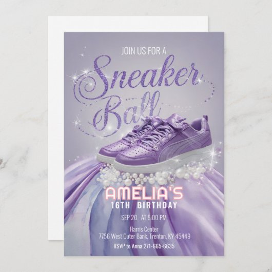 スイートラベンダー誕生日スニーカーボールパーティー 招待状 (正面/裏面)