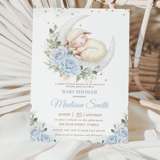 スイートラムムーンソフトブルーフローラボーイベビーシャワー 招待状