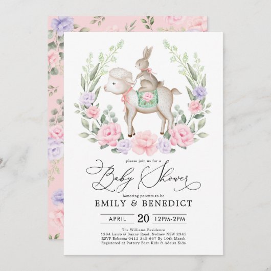 スイートラム&バニーラビットソフトフローラベビーシャワー 招待状 (正面/裏面)