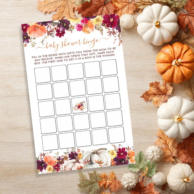 スイートリトルカボチャ秋フローラベビーシャワービンゴ (Sweet Little Pumpkin Fall Floral Baby Shower Bingo)