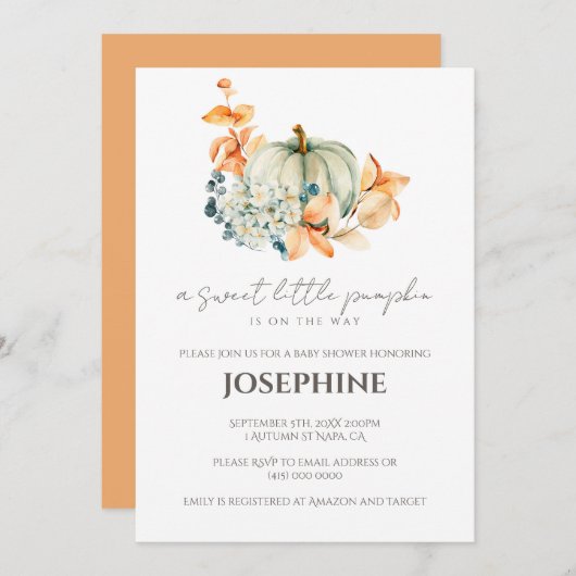 スイートリトルカボチャ秋ベビーシャワー招待状 招待状 (正面/裏面)