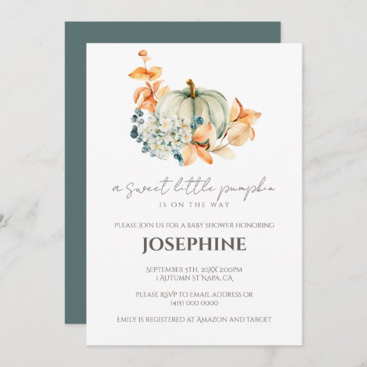 スイートリトルカボチャ秋ベビーシャワー招待状 招待状 (正面/裏面)