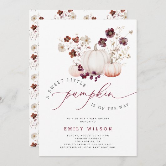 スイートリトルカボチャ秋ワイルドフラワーベビーシャワー 招待状 (正面/裏面)