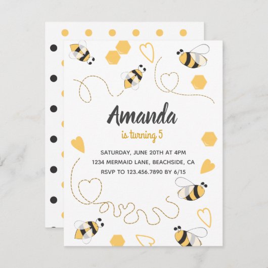 スイートリトルハニービーバースデーパーティーの招待 招待状 (正面/裏面)