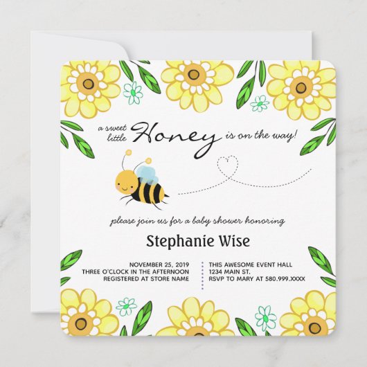 スイートリトルハニービーベビーシャワーフローラ 招待状 (正面)