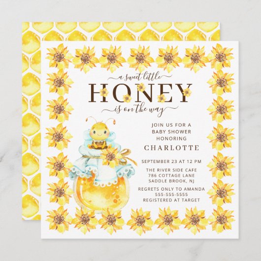 スイートリトルハニービーベビーシャワー招待状 招待状 (正面/裏面)