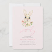 スイートリトルバニーベビーピンクフォト誕生日 招待状 (正面)