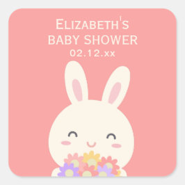 スイートリトルバニー&フラワーピンク赤ちゃんガールシャワー スクエアシール