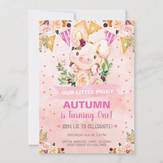 スイートリトルピギー豚ガール誕生日招待状。招待 招待状 (正面)