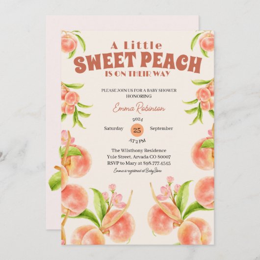 スイートリトルピーチガールベビーシャワーカスタム 招待状 (正面/裏面)