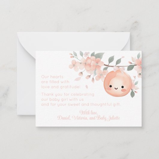 スイートリトルピーチガールベビーシャワーサンキューカード ノートカード (裏面)
