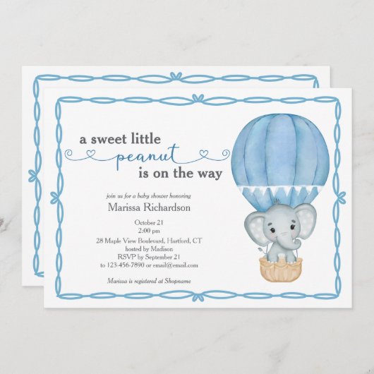 スイートリトルピーナッツエレファント男の赤ちゃんシャワー 招待状 (正面/裏面)