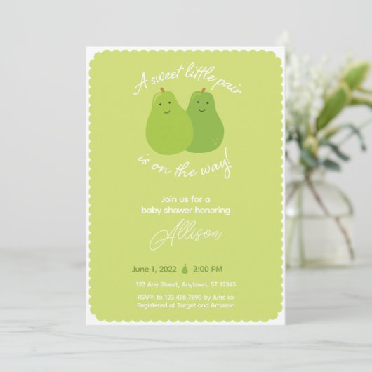 スイートリトルペア梨をテーマにした双子ベビーシャワー 招待状 (スタンド正面)