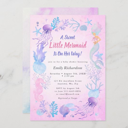 スイートリトルマーメイド パステルガール ベビーシャワー 招待状 (正面/裏面)