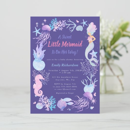 スイートリトルマーメイド パープルベイビーガールシャワー 招待状 (スタンド正面)