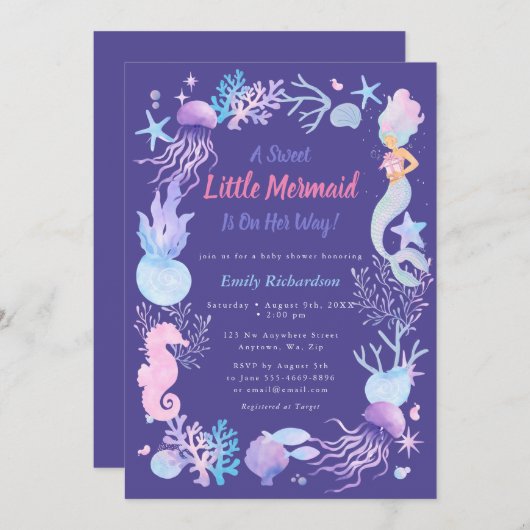 スイートリトルマーメイド パープルベイビーガールシャワー 招待状 (正面/裏面)