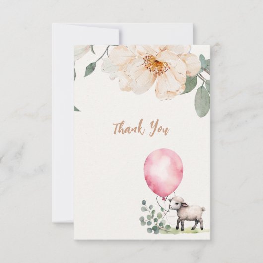 スイートリトルラムピンクフローラベビーシャワー サンキューカード (正面)