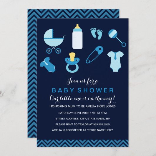 スイートリトル男の赤ちゃんブルーベビーシャワー招待状 招待状 (正面/裏面)