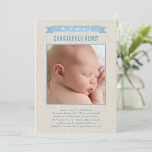 スイートリネン写真バプテスマ招待状 – 青 招待状 (スタンド正面)