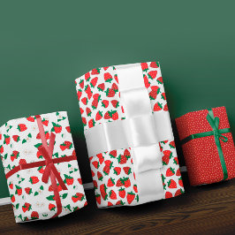スイートレッドイチゴ＆ホワイトフラワーパターン ラッピングペーパーシート