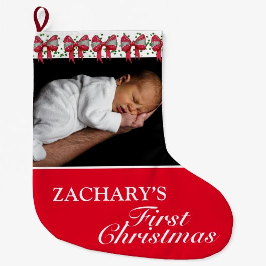 スイートレッドベビーの初めてのクリスマス写真 ラージクリスマスストッキング (正面)