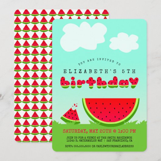 スイートレッドワ watermelon 子供の夏の誕生日 招待状 (正面/裏面)