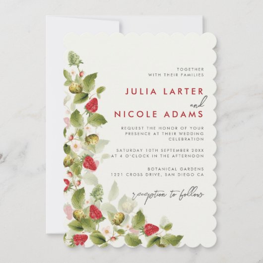 スイートワイルドフラワーストロベリーフォトウェディングシャワー 招待状 (正面)
