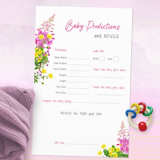 スイートワイルドフラワーベビーシャワーの予測ゲーム (Wildflower Baby Shower Predictions and Advice ©Susanne Sachers - Sunny Mind Design 🌞)