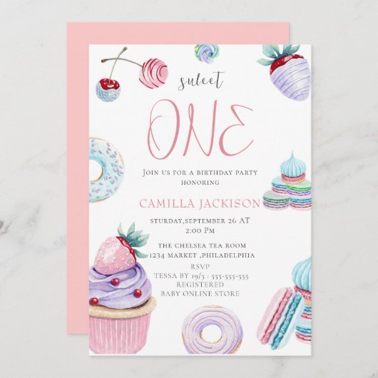 スイートワンアイスクリームファースト誕生日ベビーガール 招待状 (正面/裏面)