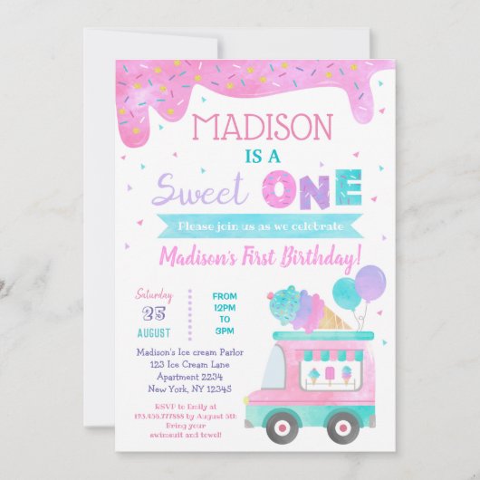 スイートワンアイスクリームファースト誕生日招待状 招待状 (正面)