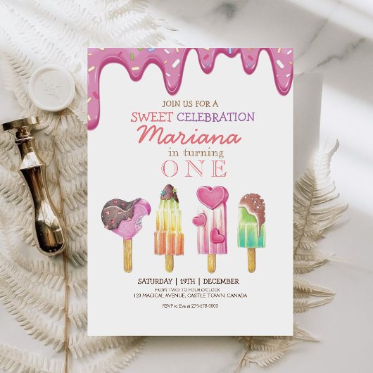 スイートワンカワイアイスクリームウォーターカラー誕生日 招待状