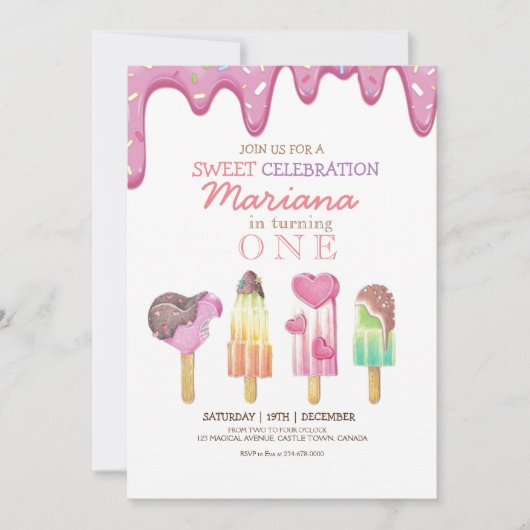 スイートワンカワイアイスクリームウォーターカラー誕生日 招待状 (正面)