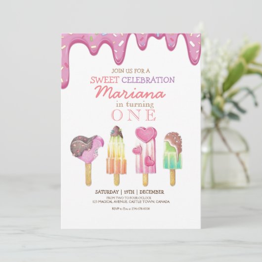 スイートワンカワイアイスクリームウォーターカラー誕生日 招待状 (スタンド正面)