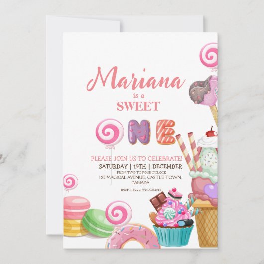 スイートワンカワイアイスクリームカップケーキ子供の誕生日 招待状 (正面)