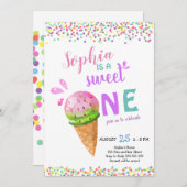 スイートワンガールファースト誕生日アイスクリームサマー 招待状 (正面/裏面)