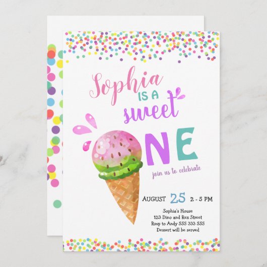 スイートワンガールファースト誕生日アイスクリームサマー 招待状 (正面/裏面)