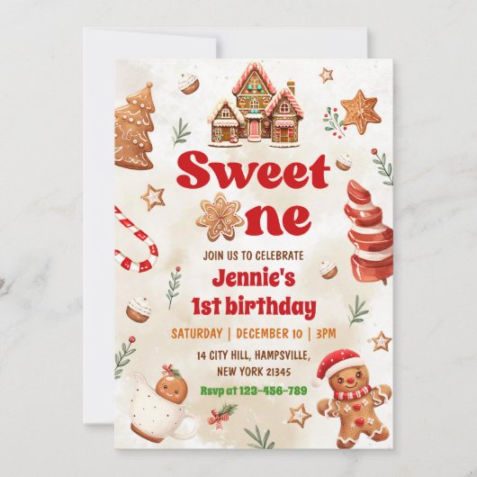 スイートワンクリスマスジンジャーブレッドハウス誕生日 招待状 (正面)