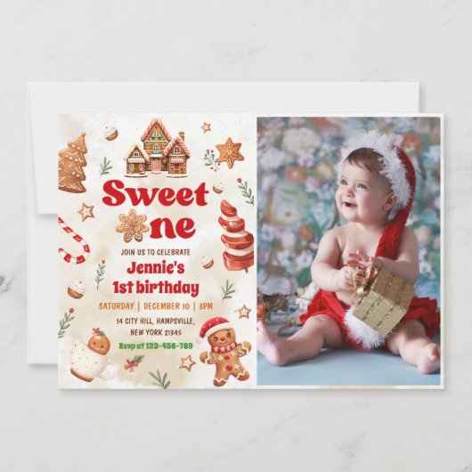 スイートワンクリスマスジンジャーブレッドハウス誕生日 招待状 (正面)