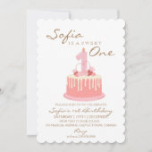スイートワンケーキキャンドルピンクの女の子の誕生日パーティー1st 招待状 (正面)