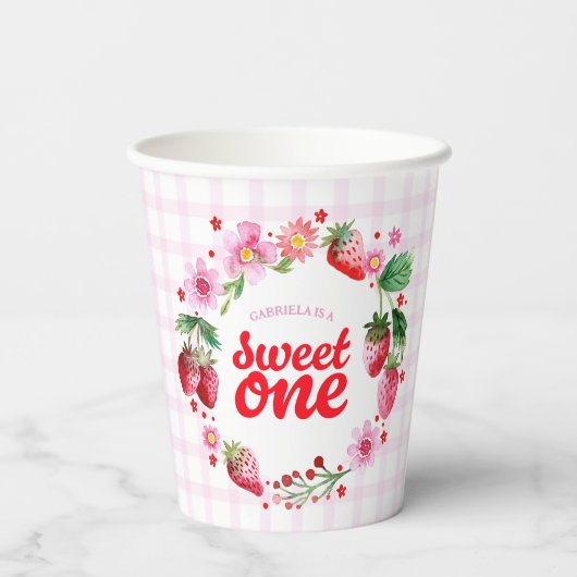 スイートワンストロベリーファースト誕生日ピンクプレイド 紙コップ (裏面)