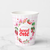 スイートワンストロベリーファースト誕生日ピンクプレイド 紙コップ (正面)